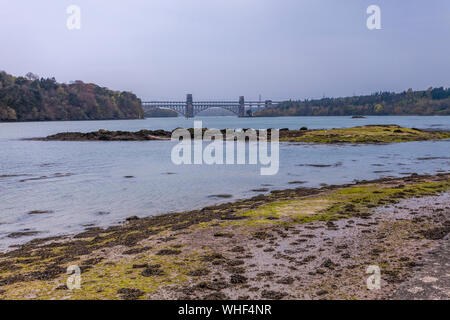 Il Menai strait è uno stretto tratto di basse acque di marea circa 25 km di lunghezza, che separa l'isola di Anglesey dalla terraferma del Galles. Foto Stock