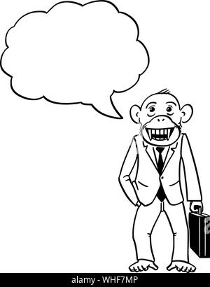 Vector cartoni animati disegno illustrazione concettuale della scimmia, ape o imprenditore di scimpanzé in tuta e valigetta. Monkey business concetto. Illustrazione Vettoriale