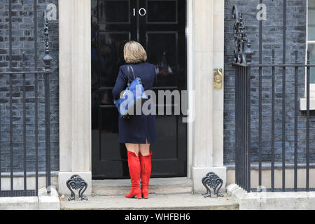 Londra, Regno Unito, 2 settembre 2019. Anne-Marie Belinda Trevelyan, politico del Partito conservatore britannico che funge da parlamentare per Berwick-upon-Tweed, in scarponi rossi al n. 10 di Downing Street. I ministri del governo, così come molti deputati del partito conservatore ed ex politici tutti entrano No 10 Downing Street per una riunione del gabinetto di emergenza, e più tardi riunione generale del partito conservatore. Credit: Imageplotter/Alamy Live News Foto Stock