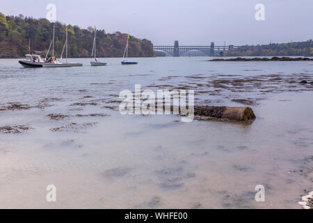 Il Menai strait è uno stretto tratto di basse acque di marea circa 25 km di lunghezza, che separa l'isola di Anglesey dalla terraferma del Galles. Foto Stock