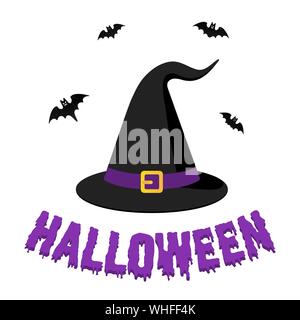 Happy Halloween cartolina testo banner con grande strega black hat, pipistrelli e testo happy Halloween isolati su sfondo bianco in stile appartamento di design. Illustrazione Vettoriale
