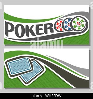 Banner di vettore per il Poker, costituito da battenti giocando a carte per il gioco d'azzardo gioco sul feltro verde tabella nel casinò e 3 chip colorati. Illustrazione Vettoriale