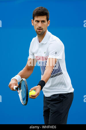 Aegon International 2017- Eastbourne - Inghilterra - Quarti di finale. Novak Djokovic di Serbia preparando a servire contro Donald giovani degli Stati Uniti d'America. Giovedì 29 Foto Stock