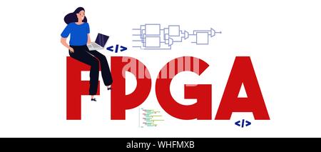 FPGA Field Programmable Gate Arrays di ricerca di lavoro concetto. Tecnologia di processore a chip di programmazione. Vector llustration. Illustrazione Vettoriale
