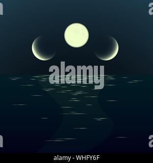 Notte fantasy sorgere della luna seascape. Gradiente paesaggio surreale con tre lune Illustrazione Vettoriale