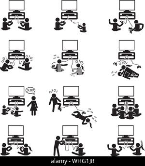 Le persone che giocano i giochi e videogame icon set. Vettore. Illustrazione Vettoriale