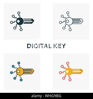 Chiave digitale icon set. Quattro elementi in diversi stili dal crypto valuta Raccolta di icone. Creative chiave digitale icone riempito, bordato e colorato Illustrazione Vettoriale