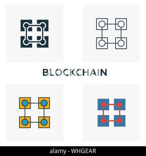 Blockchain icon set. Quattro elementi in diversi stili dal crypto valuta Raccolta di icone. Creative icone blockchain riempito, bordato e colorato Illustrazione Vettoriale