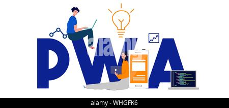 PWA progressiva applicazione Web, il sito web più recenti delle applicazioni con la tecnologia di caricamento rapido servizio offline caching dei lavoratori Illustrazione Vettoriale