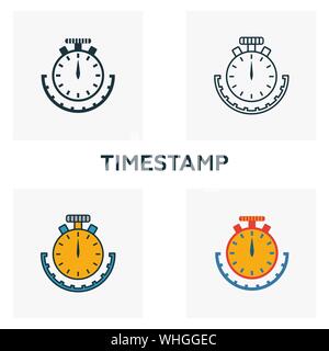Timestamp icon set. Quattro elementi in diversi stili dal crypto valuta Raccolta di icone. Creative icone timestamp riempito, contorno, colorata e piatto Illustrazione Vettoriale