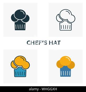 Chef Hat icon set. Quattro elementi in diversi stili da un fast food raccolta di icone. Creativo chef's hat icone riempito, contorno, colorata e piatto Illustrazione Vettoriale