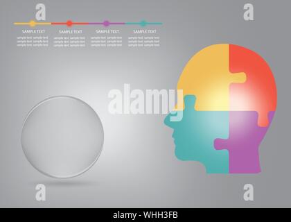 Una infografica che mostra timeline, sfera di vetro e la silhouette della testa umana di quattro coloratissimi pezzi di un puzzle pronto per il tuo testo. Illustrazione Vettoriale
