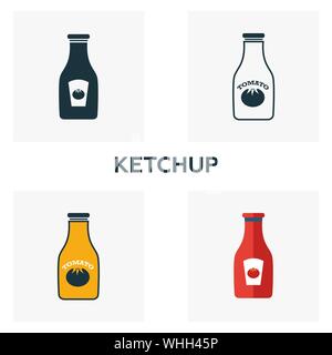 Ketchup icon set. Quattro elementi in diversi stili da un fast food raccolta di icone. Creative icone ketchup riempito, del contorno colorato e simboli di Piana Illustrazione Vettoriale