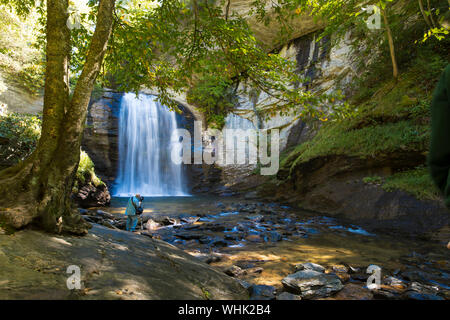 Uomo di scattare una foto della cascata nella foresta Foto Stock