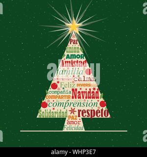 Biglietto di auguri con il rosso e il verde le parole in lingua spagnola formando un albero di Natale con una stella luminosa sulla punta su uno sfondo verde. Parola di cloud Illustrazione Vettoriale