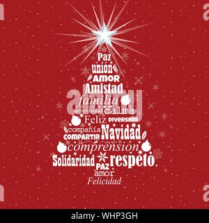 Biglietto di auguri con il bianco parole in lingua spagnola formando un albero di Natale con una stella luminosa sulla punta su uno sfondo rosso con stelle bianche. Illustrazione Vettoriale