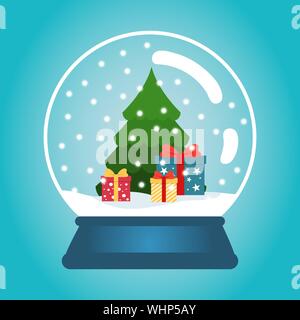 Pallina di natale con la neve e un albero di Natale. Snow Globe con confezioni regalo. Inverno natale illustrazione vettoriale. Illustrazione Vettoriale