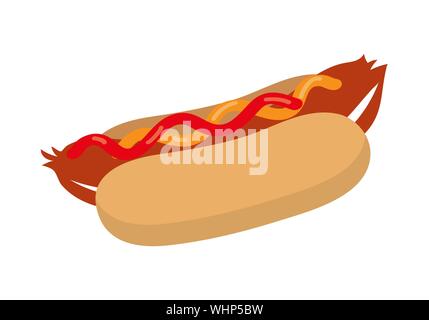 Hotdog con ketchup e senape. Il fast food su uno sfondo bianco. Design piatto stile. Illustrazione Vettoriale Illustrazione Vettoriale