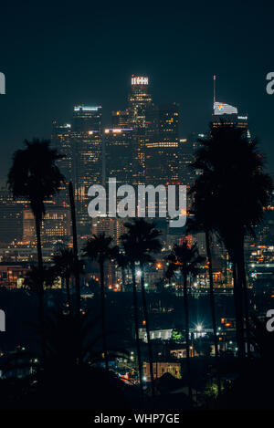 Palme e la città di notte vista sullo skyline del centro cittadino di Los Angeles in California Foto Stock