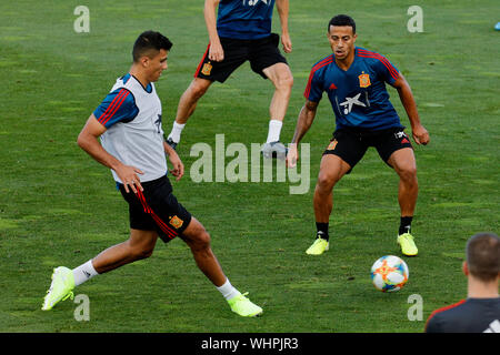 Las Rozas, Spagna. 02Sep, 2019. Rodri (Rodrigo Hernández Cascante) e Thiago Alcantara sono visti durante una sessione di formazione per la nazionale spagnola di calcio a Ciudad del Futbol in Las Rozas. Credito: SOPA Immagini limitata/Alamy Live News Foto Stock