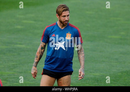 Las Rozas, Spagna. 02Sep, 2019. Sergio Ramos visto durante una sessione di formazione per la nazionale spagnola di calcio a Ciudad del Futbol in Las Rozas. Credito: SOPA Immagini limitata/Alamy Live News Foto Stock