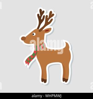 Adesivo di natale. Cartoon rudolph cervo con sciarpa rossa su uno sfondo bianco. Icona d'inverno. Illustrazione Vettoriale. Illustrazione Vettoriale
