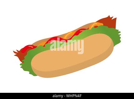 Hotdog con ketchup, senape e foglia di lattuga. Il fast food su uno sfondo bianco. Design piatto stile. Illustrazione Vettoriale Illustrazione Vettoriale