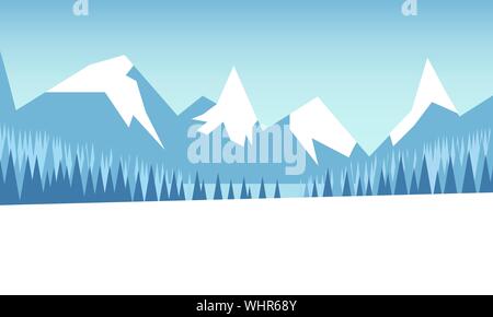 In inverno il paesaggio di montagna con la foresta e coperti di neve campo. Illustrazione Vettoriale. Illustrazione Vettoriale