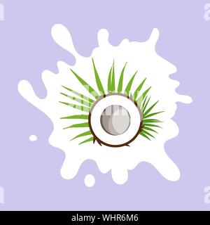 Latte di cocco. Il Cocco su un latte splash. Design piatto stile. Illustrazione Vettoriale. Illustrazione Vettoriale