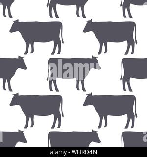 Silhouette di vacca seamless pattern. Le carni bovine. Sfondo per il confezionamento di alimenti o butcher shop design. Illustrazione Vettoriale. Illustrazione Vettoriale
