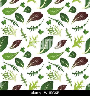 Mix di foglie di insalata. La rucola, spinaci foglia di lattuga, crescione e radicchio. Modello senza giunture. Illustrazione Vettoriale. Illustrazione Vettoriale