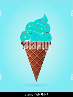 Mint gelato in cono di cialda, prodotto caseario. Ice Cream scoop immagine in stile appartamento. Illustrazione Vettoriale. Illustrazione Vettoriale