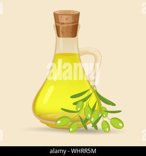 Caraffa con olio d'oliva, isolato su sfondo bianco. Caraffa di vetro con olio e olive con foglie su un ramo. Illustrazione Vettoriale. Illustrazione Vettoriale