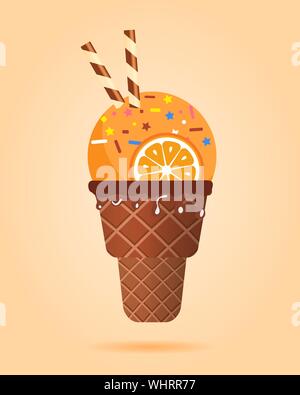 Orange gelato con la fetta di bobine in waffle cup, prodotto caseario. Ice Cream scoop immagine in stile appartamento. Illustrazione Vettoriale. Illustrazione Vettoriale