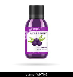 Acai bacche olio nel vasetto di vetro. Vettore di progettazione di imballaggi e modello - emblema di bellezza e cosmetici - olio di Acai berry. Mock up flaconcino di acai l'olio essenziale. Illustrazione Vettoriale