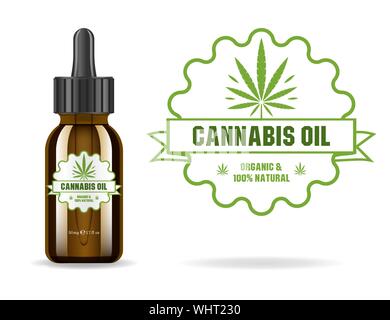 La marijuana, cannabis, olio di canapa. Realistico bottiglia di vetro marrone con estratto di cannabis. Icona di etichetta del prodotto e la grafica del logo del modello. Vettore isolato Illustrazione Vettoriale