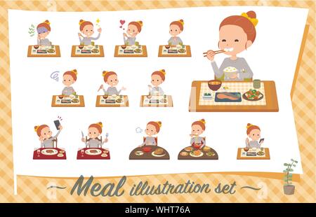 Un set di girl circa i pasti.giapponese e la cucina Cinese e Occidentale, piatti di stile e così via.it vettore dell'arte così è facile da modificare. Illustrazione Vettoriale