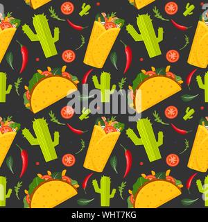 Cibo messicano seamless pattern. Burrito, taco, peperoncino e insalata verde. Sfondo colorato e grazioso stile. Illustrazione Vettoriale. Illustrazione Vettoriale