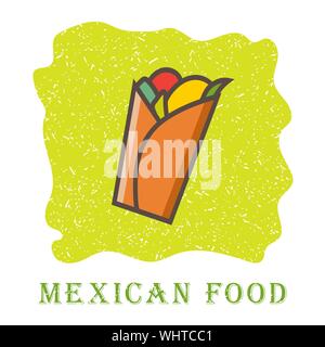 Tradizionale burrito messicano. Spicy delizioso burrito logo per ristorante o bar di design. Cibo messicano. Illustrazione Vettoriale. Illustrazione Vettoriale