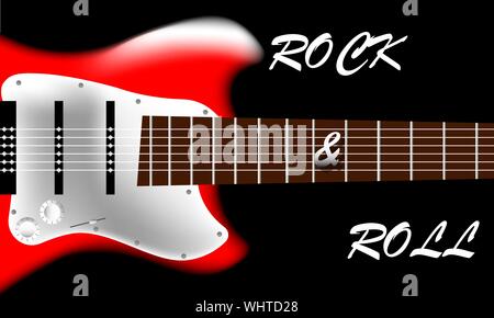 Poster con l immagine di una chitarra elettrica su uno sfondo nero. Rock and Roll iscrizione Illustrazione Vettoriale