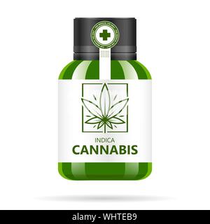 Realistico verde bottiglia di vetro con la cannabis. Mock up di olio di canapa estratti, compresse o capsule in vasi. La marijuana medica logo sull'etichetta. Vettore Illustrazione Vettoriale