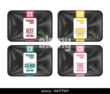 Vassoio di plastica contenitore con coperchio di cellophane. Mockup modello per il design. Contenitore in plastica per alimenti con il modello di etichetta. Illustrazione Vettoriale. Illustrazione Vettoriale