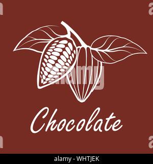 Le fave di cacao con foglie su sfondo marrone. Illustrazione Vettoriale. Illustrazione Vettoriale