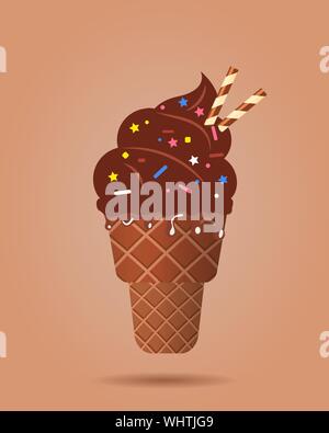 Gelato al cioccolato, con rotoli di wafer in waffle cup, prodotto caseario. Ice Cream scoop immagine in stile appartamento. Illustrazione Vettoriale. Illustrazione Vettoriale