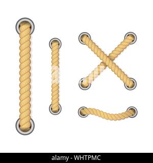 Corda per la decorazione e la copertura, nautico corda intrecciata di nodi. Rotondi e quadrati cornici in corda, la corda confini. Gli elementi di decorazione. Illustrazione Vettoriale. Illustrazione Vettoriale