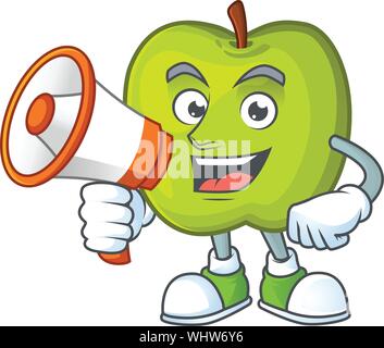 Con il megafono Granny Smith in una mela verde mascotte di caratteri Illustrazione Vettoriale