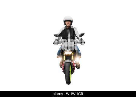 Asian motociclo taxi uomo alla guida di isolate su sfondo bianco Foto Stock