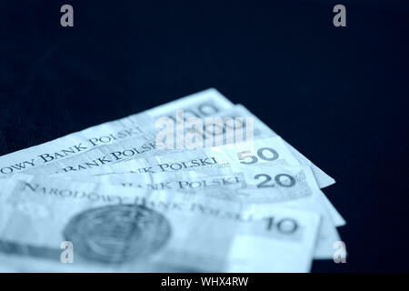 Diverse banconote di zloty polacco colore blu tonica close up Foto Stock