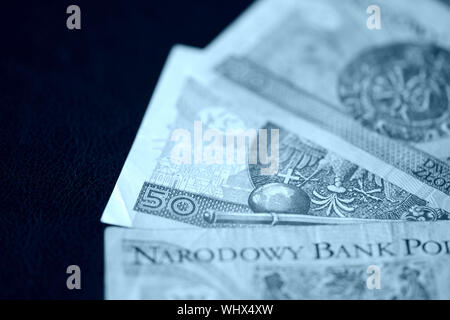 Diverse banconote di zloty polacco colore blu tonica close up Foto Stock