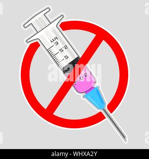 Disegno piatto rifiuto di vaccinazione, farmaci, stop segno. Icon concetto di siringa medica di interruzione della vaccinazione, iniezione. Isolato. Vettore Illustrazione Vettoriale